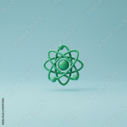 Obraz na płótnie Minimalist green atom model on light blue background for science and education design w salonie