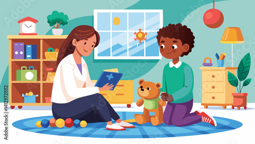 A woman and a boy are sitting on a rug in a room with a teddy bear. The woman is reading a book to the boy