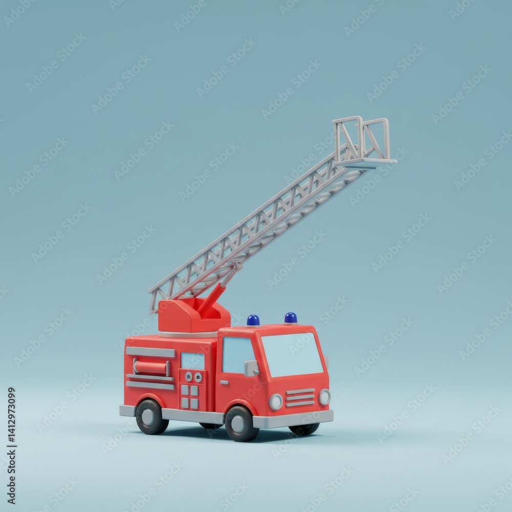 Playful fire truck toy on blue background for children's room decor