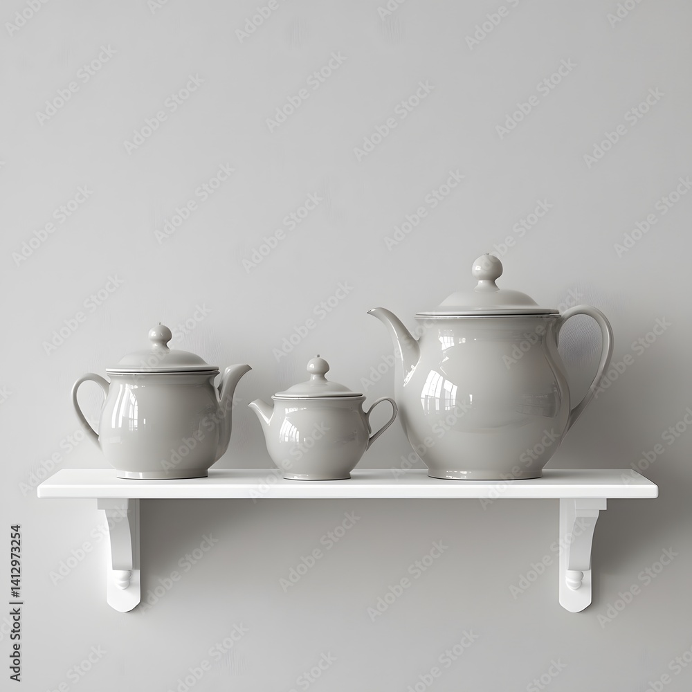 Grey Ceramic Teapot Set on White Shelf Kitchen Decor Grey Ceramic Teapot Set on White Shelf Kitchen Decor