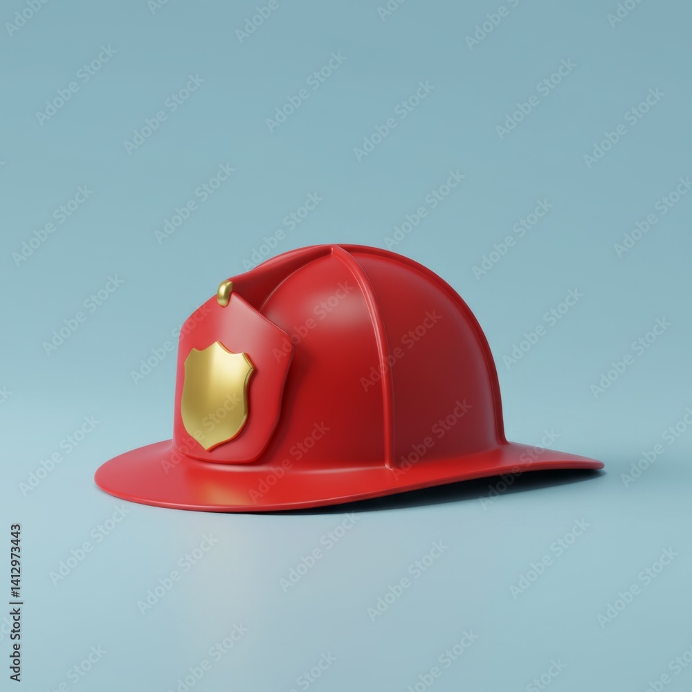 Firefighter helmet with badge on light blue background for safety concept