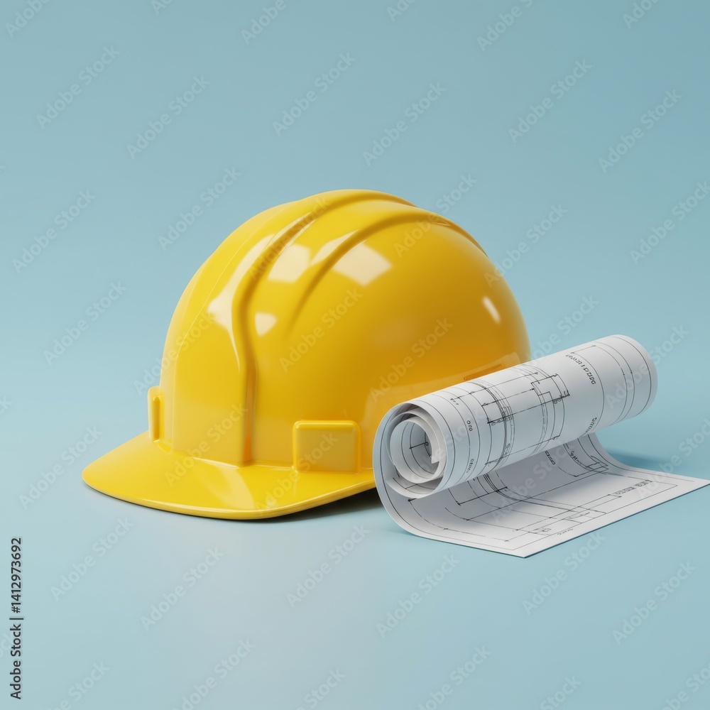 Construction planning concept with yellow hard hat and blueprint on blue background