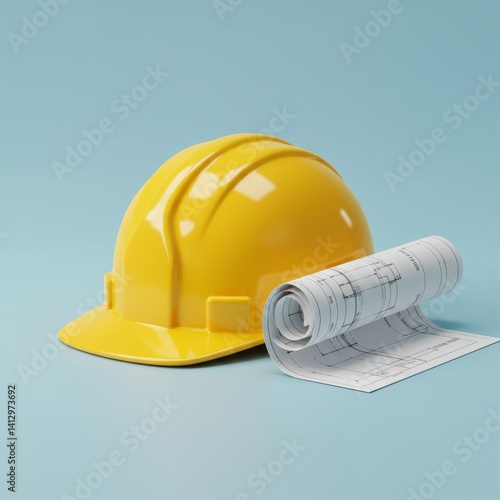 Obraz na płótnie Construction planning concept with yellow hard hat and blueprint on blue background w salonie