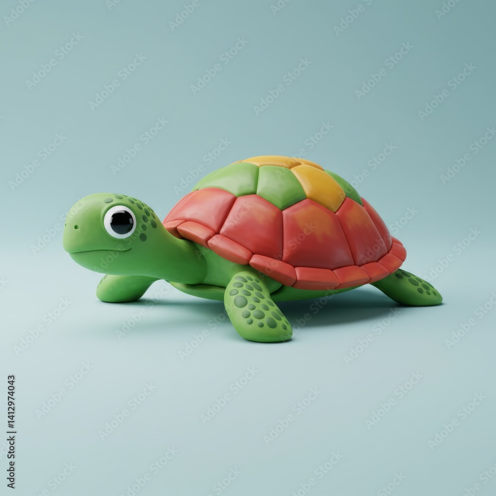 Colorful toy turtle on soft blue background for children's decor or playful designs
