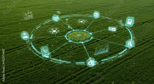Innovative technology in agriculture: drone and smart farming digital interface on green field