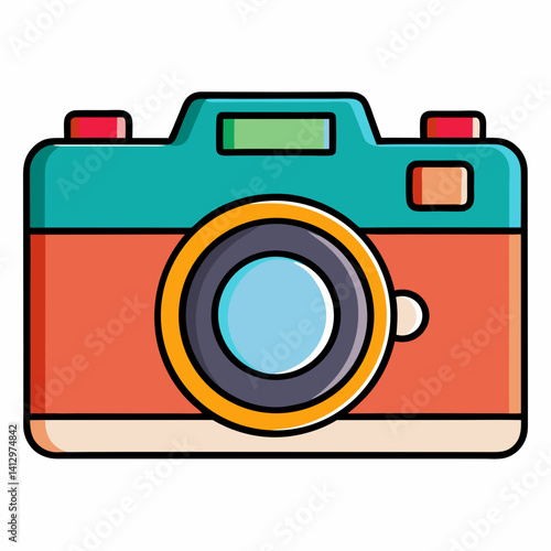 Colorful vintage camera icon with lens in cartoon flat vector style
