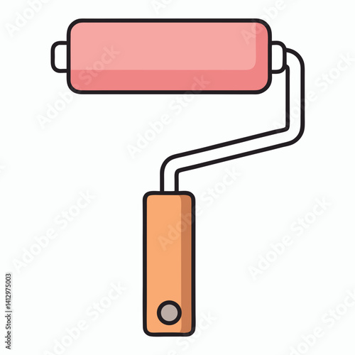 Flat vector paint roller tool icon with wooden handle and pink roller
