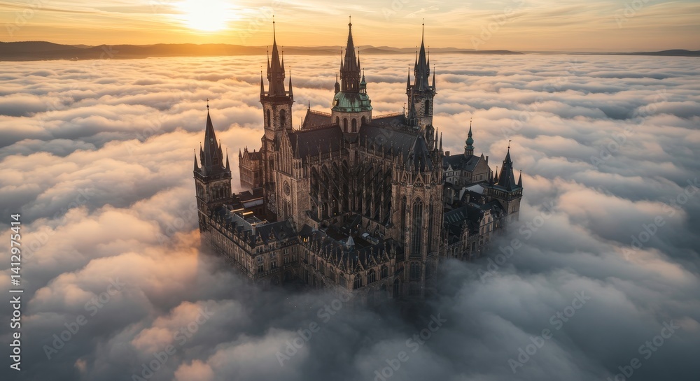 Naklejka premium Aerial View of a Mystical Castle Above the Clouds at Sunset - A majestic gothic castle, perched high above a sea of clouds, bathed in the warm glow of sunset. Symbolizing fantasy, wonder, isolation