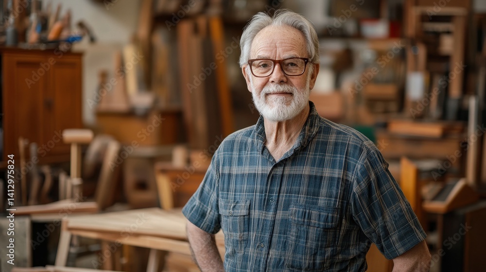 Obraz premium A portrait of an elderly Caucasian man with a gray beard, wearing glasses, standing confidently in a cozy workshop filled with wooden artifacts and tools.