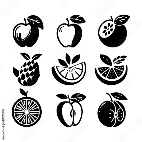 minimalist-fruit-illustrations, apple-silhouettes,-citrus-slices,-pineapple-icon,-stylized-fruit-symbols,-vector-fruit-art,-clean-lines,-high-contrast,-simple-shapes,-modern-fruit-logos,