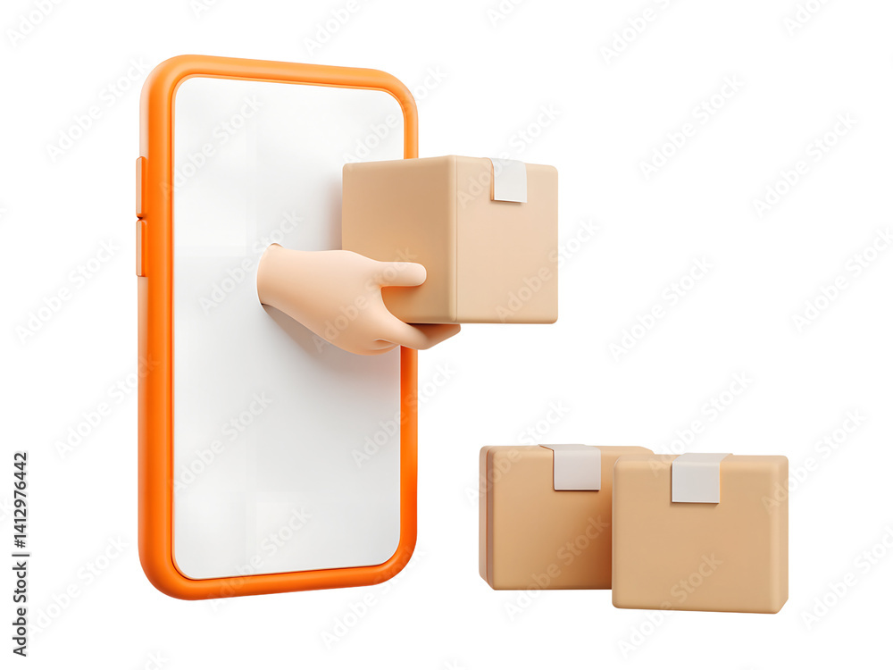 3d Courier delivers a parcel handholding phone delivery transportation logistics concept isolated on orange background.r Online Shop with delivery concept. Minimal Cartoon icon design. 3d rendering 3d Courier delivers a parcel handholding phone delivery transportation logistics concept isolated on orange background.r Online Shop with delivery concept. Minimal Cartoon icon design. 3d rendering