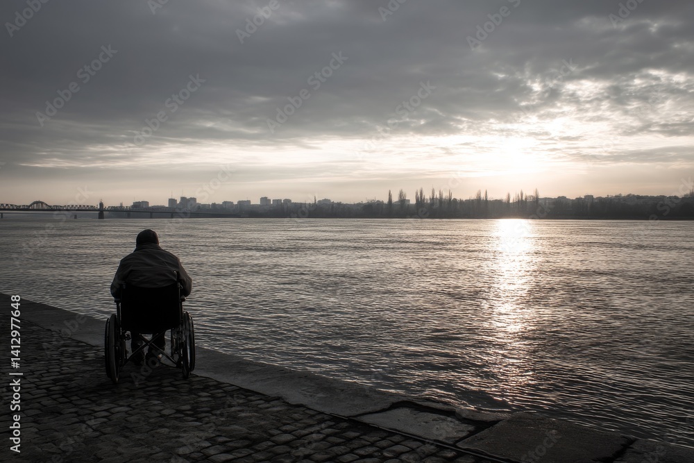 Fototapeta premium A person in a wheelchair looking at the sunset over a river in a tranquil setting.
