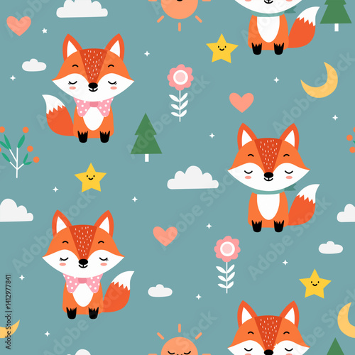 Seamless pattern background of fox in a cute style.