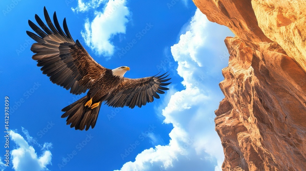 Obraz premium Large bird soaring, blue sky, rocky cliff.