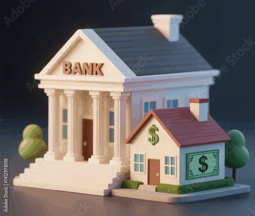 illustration miniature house dollar bank business finance concept