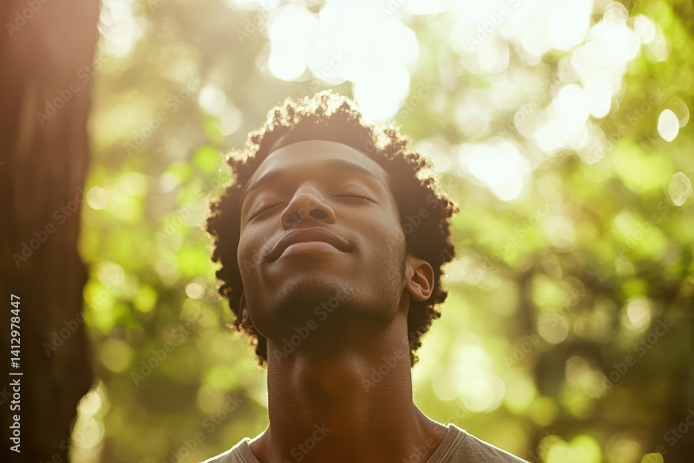Black Man Finding Serenity in Nature's Embrace, Mindfulness Outdoor Meditation in Lush Forest Setting, Wellness Journey, Personal Growth Concept