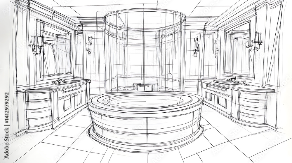 Fototapeta premium Perspective sketch of a bathroom interior featuring a large round tub and symmetrical vanity setups.