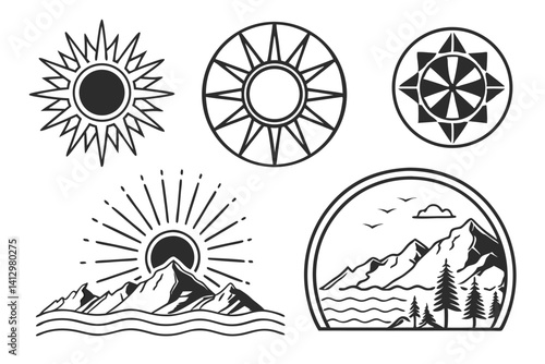 35 Minimalist sun icons, black and white designs, sunrise and sunset symbols, ocean waves, mountain silhouettes, geometric shapes, abstract landscapes, simple line art, circle motifs, horizon illustra