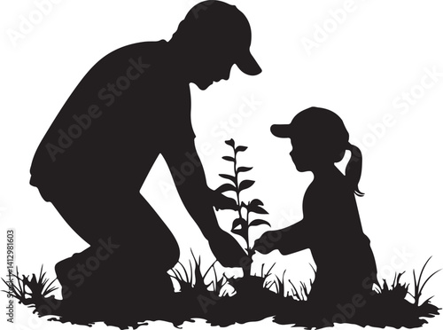 Silhouette of father and daughter gardening vector in white background