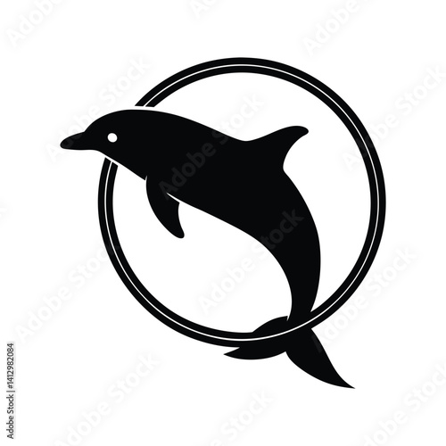 Dolphin jumping through hoop silhouette on white background
