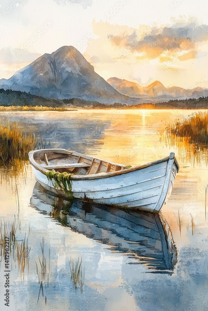 Watercolor serene landscape with rowboat on a calm lake at golden sunrise Watercolor serene landscape with rowboat on a calm lake at golden sunrise