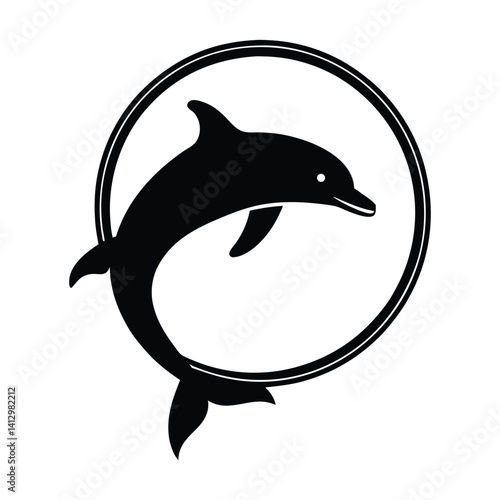Dolphin jumping through hoop silhouette on white background.