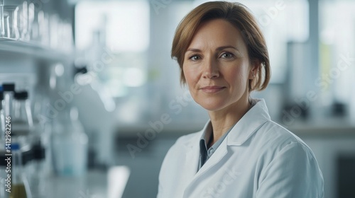 A confident European woman in her early 40s poses in a modern laboratory. Dressed in a lab coat, she represents professionalism in scientific research.
