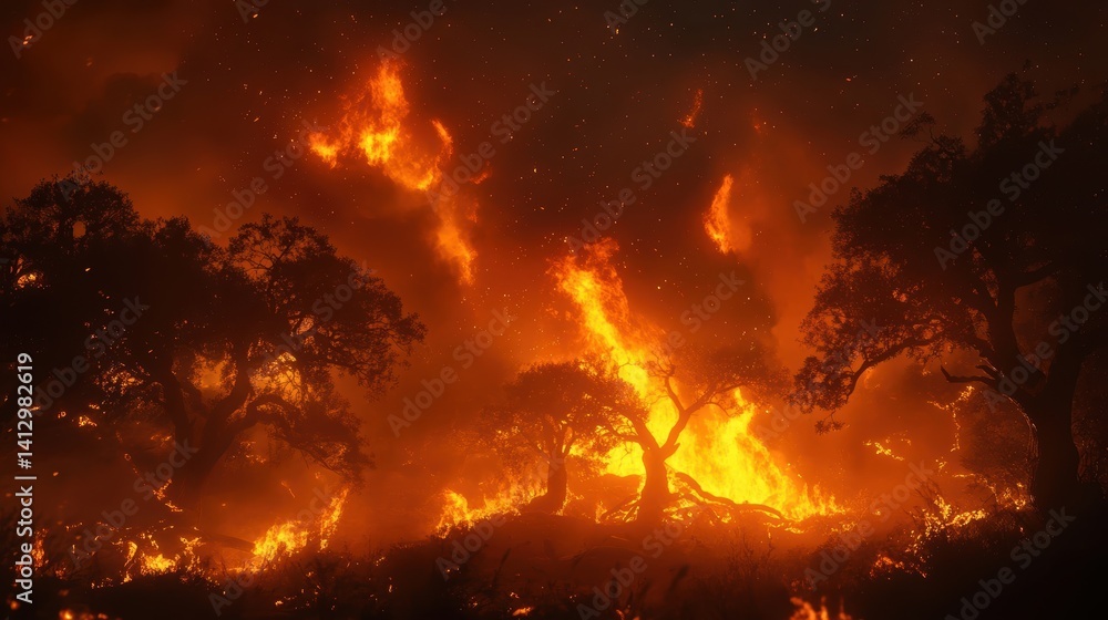 Devastating Wildfire – Ancient Forest Engulfed in Raging Orange Flames Under Midnight Sky, Environmental Crisis Unfolding as Centuries-Old Trees Become Beacons of Climate Change Impact Devastating Wildfire – Ancient Forest Engulfed in Raging Orange Flames Under Midnight Sky, Environmental Crisis Unfolding as Centuries-Old Trees Become Beacons of Climate Change Impact
