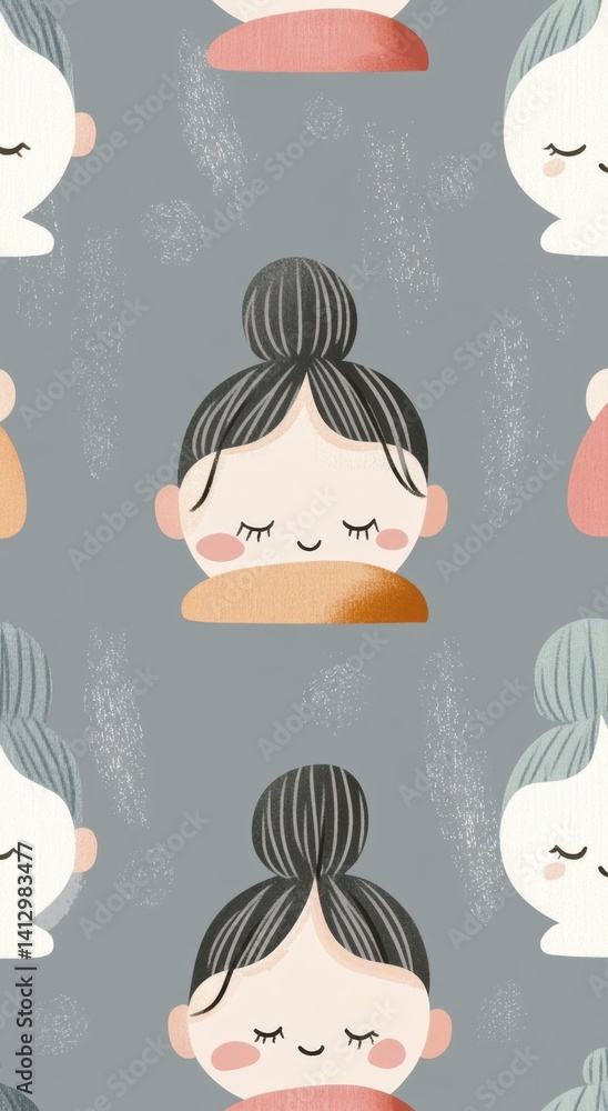 Obraz premium Cute sleepy face character seamless pattern grey textured backdrop