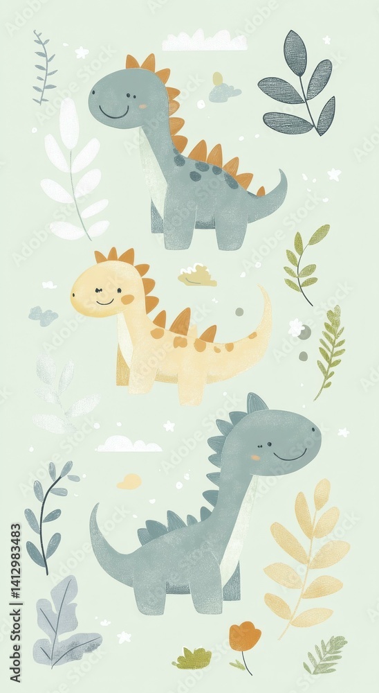 Playful Dinosaurs with Foliage and Clouds on Pastel Green Background for Children's Decor Playful Dinosaurs with Foliage and Clouds on Pastel Green Background for Children's Decor
