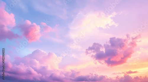 Dreamy Celestial Skyscape at Twilight with Fluffy Cotton Candy Clouds and Soft Pastel Hues Creating a Magical Atmospheric Phenomenon During Sunset