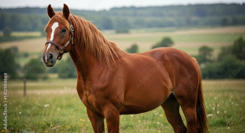 Chestnut Horse in a Green Pasture - A beautiful chestnut horse stands peacefully in a lush green field, showcasing its rich coat and elegant stance Chestnut Horse in a Green Pasture - A beautiful chestnut horse stands peacefully in a lush green field, showcasing its rich coat and elegant stance