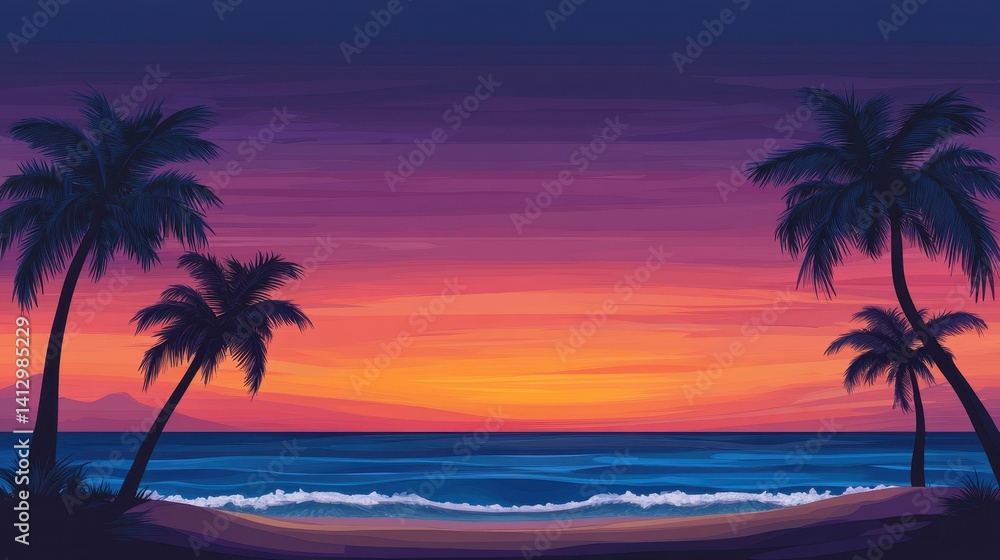 Sunset beach scene; palm trees, ocean waves. Sunset beach scene; palm trees, ocean waves.