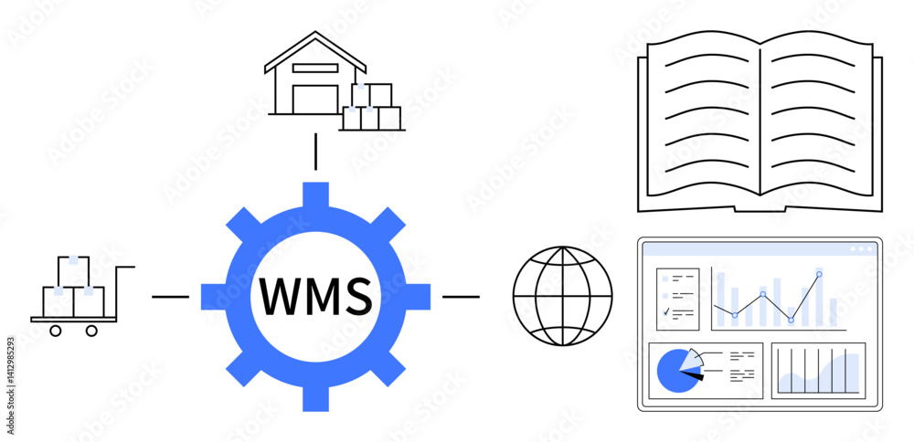 Obraz premium Gear labeled WMS connects warehouse, analytics dashboard, cart, globe, and manual. Ideal for logistics, inventory control, supply chain planning, warehouse solutions data tools global networking