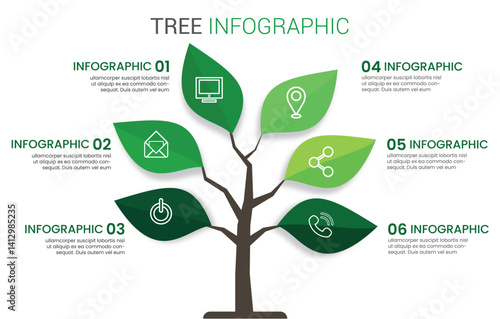 Tree Infographic Illustrative Presentation of Information and Data Visualization With 6 Steps Modern Mindmap Diagram With Tree And Branches.