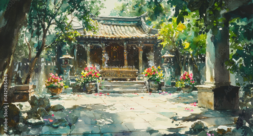 Obraz premium A painting of a courtyard with a temple in the background