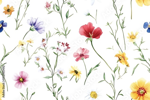 Fototapeta Naklejka Na Ścianę i Meble -  Watercolor floral seamless pattern with wildflowers on white background.