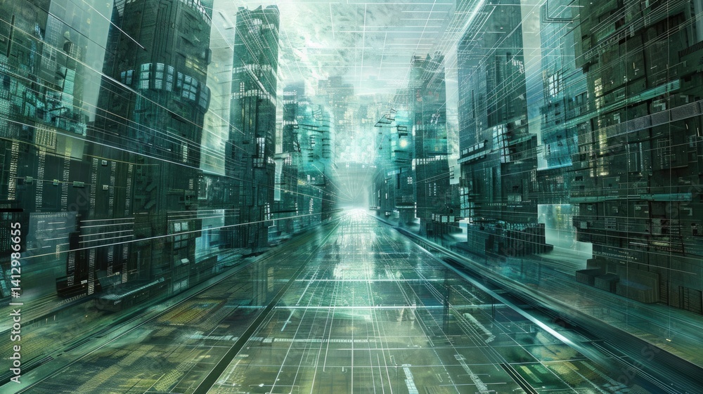 Obraz premium Abstract digital shape and particle technological cyber style design connecting become system shape of electronic designing. High tech scenery express mysterious pattern perfect for wallpaper. AIG53.