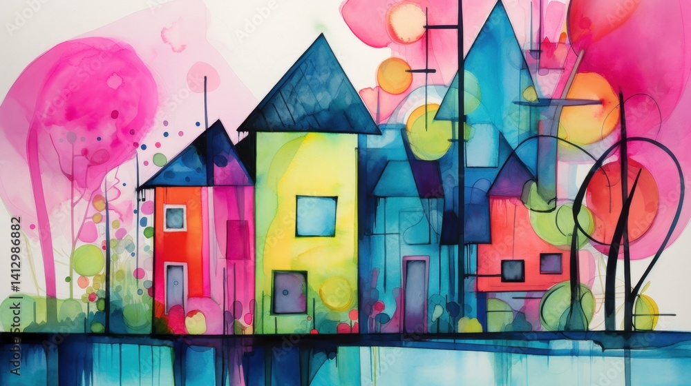 Naklejka premium Brightly colored houses stand against a backdrop of vivid trees and playful circles, creating a lively and whimsical atmosphere reminiscent of a sunny day