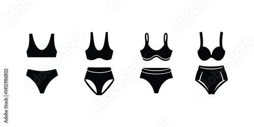 Bra and panty vector sets on white background. bikini silhouette icon set. 