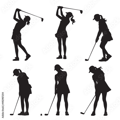 golfer, golf girls black vector silhouettes