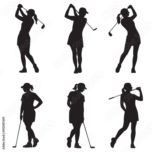 golfer, golf girls black vector silhouettes
