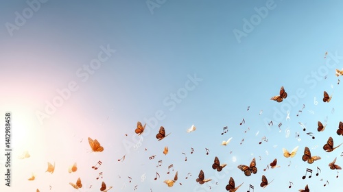 Abstract scene of floating musical notes turning into butterflies in sunrise sky, imaginative and emotional visual perfect for music themes, copyspace for text - beauty floating