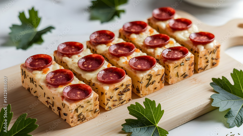 Savory Homemade Snack with Pepperoni and Cheese on Wooden Serving Board with Green Garnish Savory Homemade Snack with Pepperoni and Cheese on Wooden Serving Board with Green Garnish
