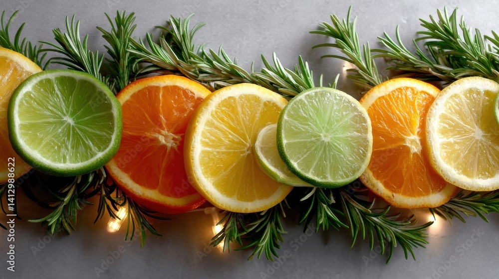 Citrus garland hanging over a dessert table, alternating orange, lemon, and lime slices with rosemary sprigs, fairy lights glowing behind, copyspace for text - lemon background Citrus garland hanging over a dessert table, alternating orange, lemon, and lime slices with rosemary sprigs, fairy lights glowing behind, copyspace for text - lemon background