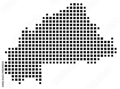 Abstract map of Burkina Faso showing the country with a pattern of black squares
