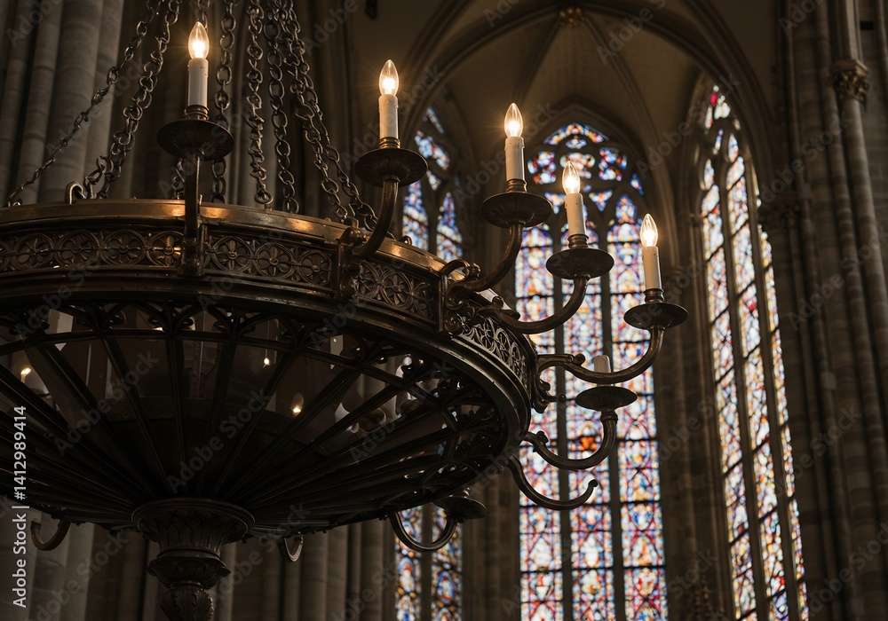 Obraz premium Ornate chandelier glows softly in gothic cathedral. AI Generated