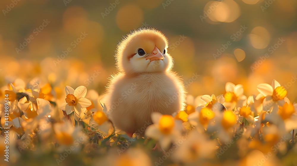 Fluffy chick sunrise meadow daffodils springtime card Fluffy chick sunrise meadow daffodils springtime card