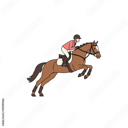 Horse jumping enthusiastically with a rider on a white background