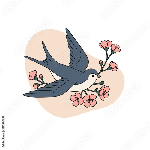 Swallow with Blossoms in a minimalist style with copy space
